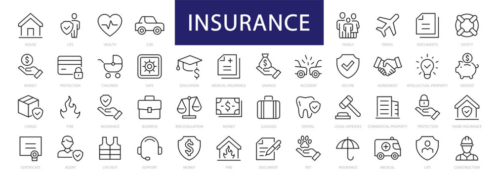Naklejka Insurance thin line icons set. Insurance editable stroke symbols collection. Life, Car, House, Care, Money Insurance. Vector illustration