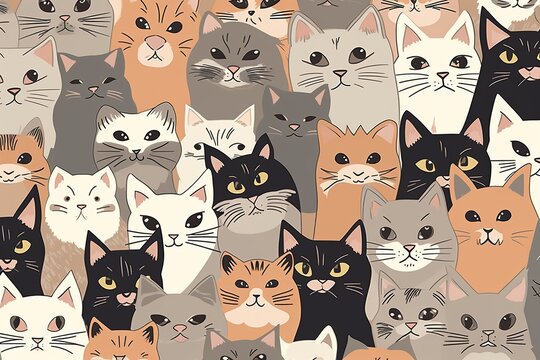 A charming seamless pattern showcasing adorable cat faces, each one capturing the unique expressions and features of different cat breeds. seamless pattern with cats, Generative AI