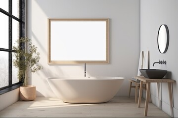 Blank horizontal poster frame mock up in minimal style bath room interior, modern bath room interior background,Ai Genretive