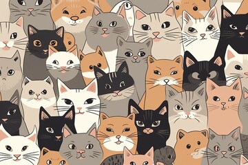 A charming seamless pattern showcasing adorable cat faces, each one capturing the unique expressions and features of different cat breeds. Generative AI