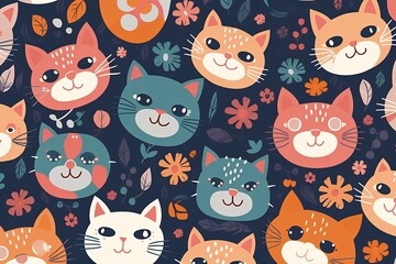 An enchanting seamless pattern that celebrates the irresistible cuteness of cat faces. The pattern showcases a variety of stylized cat faces, seamless pattern with cats blue background, Generative AI
