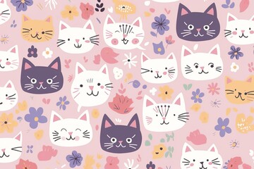 An enchanting seamless pattern that celebrates the irresistible cuteness of cat faces. The pattern showcases a variety of stylized cat faces, seamless pattern with cats pink background, Generative AI