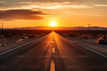 A lonely straight road in the American landscape at sunset created with generative AI technology. - obrazy, fototapety, plakaty