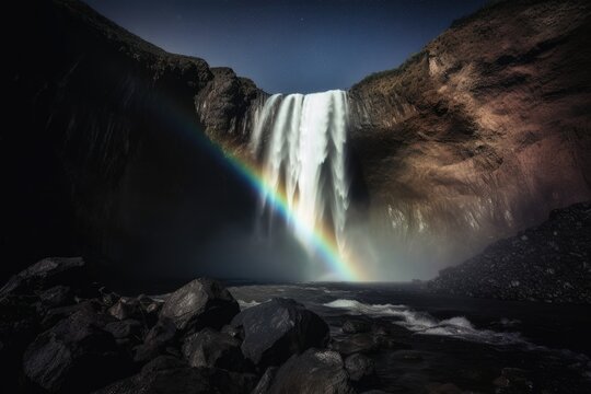 A beautiful moonbow in front of a waterfall created with generative AI technology.