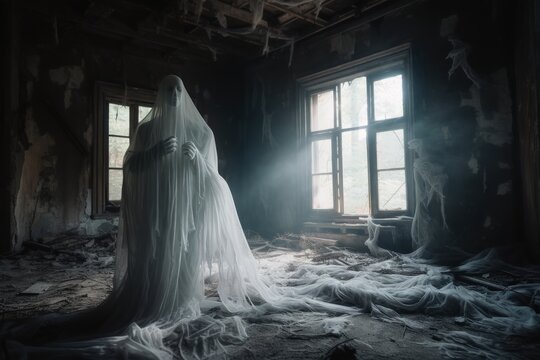 A ghostly apparition in an old run-down house created with generative AI technology.
