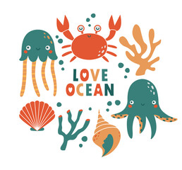 Funny fancy design of childish banner, card with sea, ocean animal, crab, octopus, jellyfish, shellfish, algae, coral. Cute vector template with cartoon simple illustrations with text 