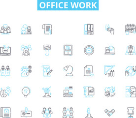 Office work linear icons set. Collaboration, Productivity, Organization, Efficiency, Communication, Meetings, Deadlines line vector and concept signs. Generative AI