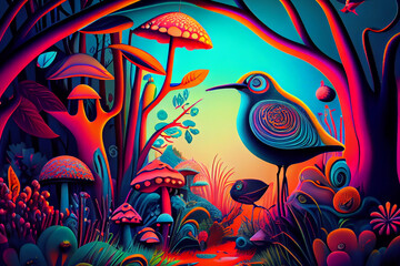 Fototapeta na wymiar DMT visual imagery, mystical fantasy forest landscape, concept of psychedelics, shamanism and hallucinogens