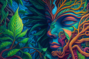 DMT visual imagery, colorful abstract mystical art, close up portrait of eyes on hallucinogenic psychedelics. Concept of shamanism and spiritual experience.