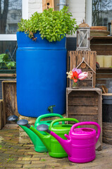 Rain barrel with watering cans for rainwater harvesting and plants growing on the top using self-watering wicking system © Milos