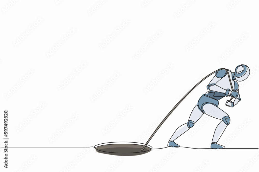 Poster single one line drawing robot trying hard pulling rope to drag something from hole. future technolog