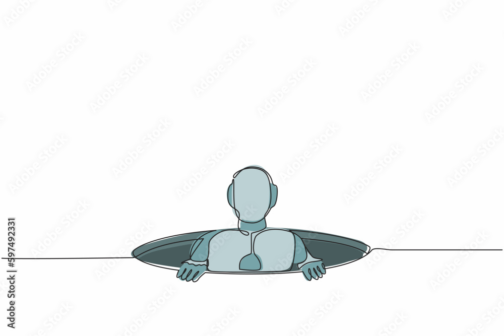 Poster single one line drawing robot trying to get out of from hole. future technology development. artific