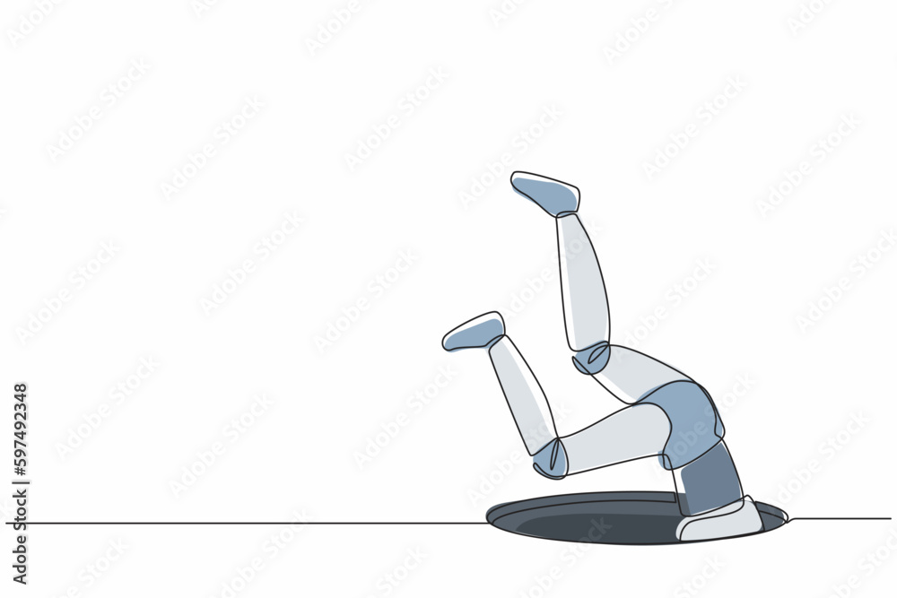 Poster single one line drawing robot falling into pit hole. protruding legs from the hatch. future technolo