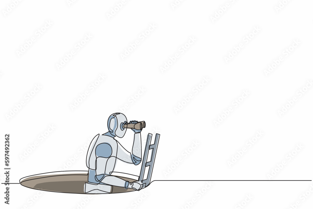 Poster single continuous line drawing robot climbs out of the hole by ladder and using binocular. robotics 