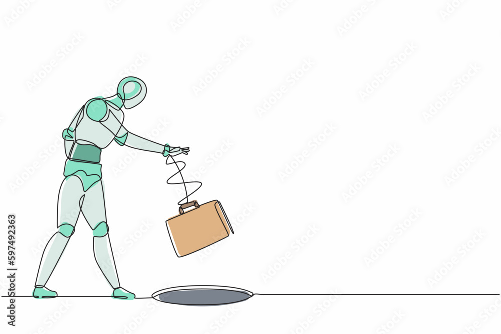 Poster single one line drawing robot throws briefcase into hole. future technology development. artificial 