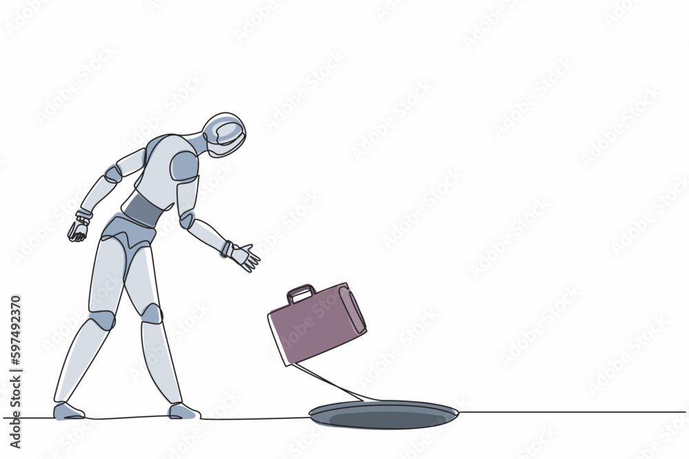 Poster single one line drawing robot throws briefcase into hole. future technology development. artificial 