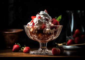 A delicious tasty strawberry sandae ice-cream  and fresh strawberry topping. Generative Ai - 597492329