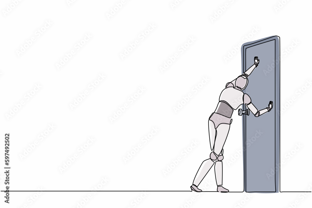 Poster single one line drawing robot standing and pushing closed door. future technology development. artif
