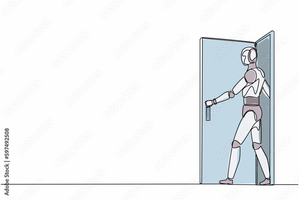 Poster single one line drawing robot walking out through an open door. future technology development. artif