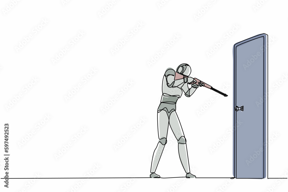 Poster single one line drawing robot pointing shotgun at doorknob. future technology development. artificia