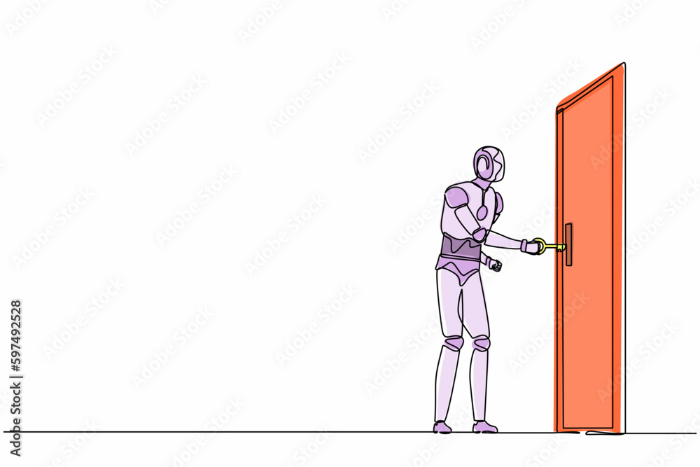 Poster continuous one line drawing robots stands and inserts the key into the keyhole. humanoid robot cyber