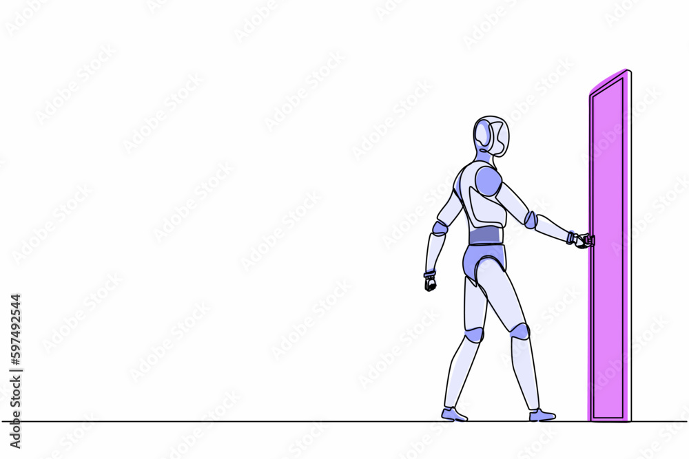Poster single continuous line drawing robots holding door knob and enter work space. modern robotics artifi