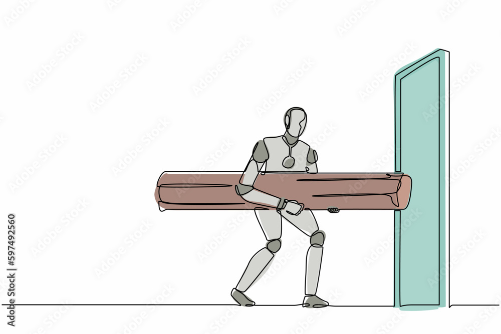 Poster single one line drawing robot holding large log to destroying door. future technology development. a