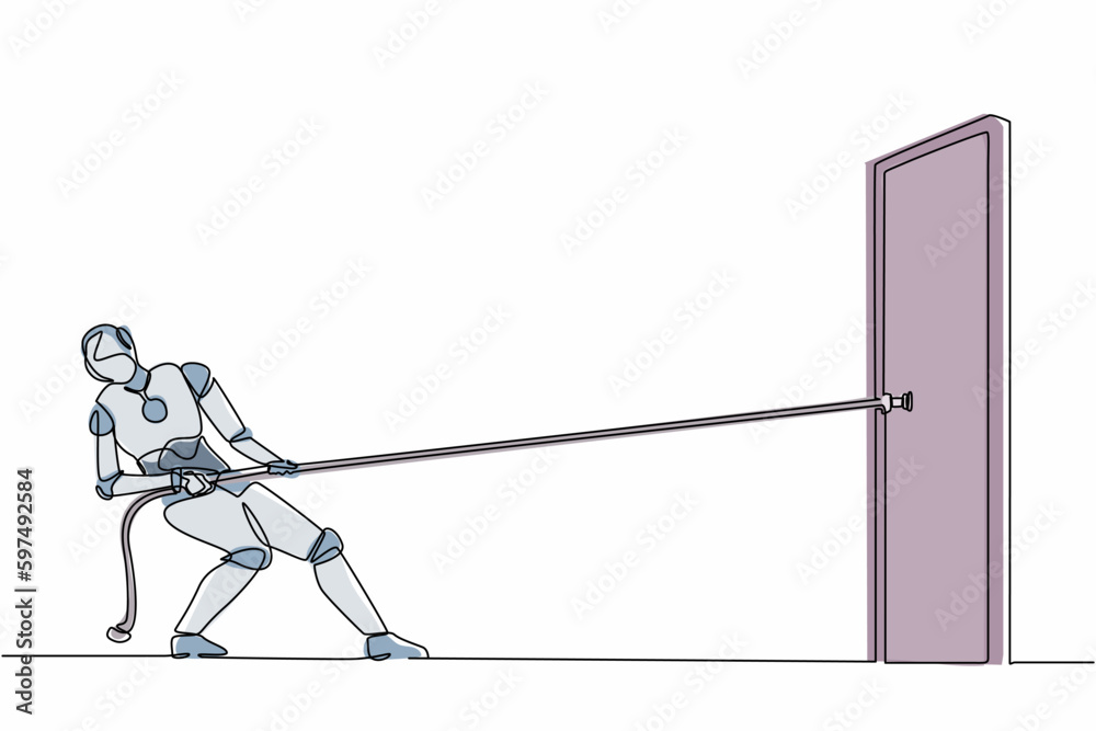 Poster continuous one line drawing robot pulling and trying open door with rope. humanoid robot cybernetic 