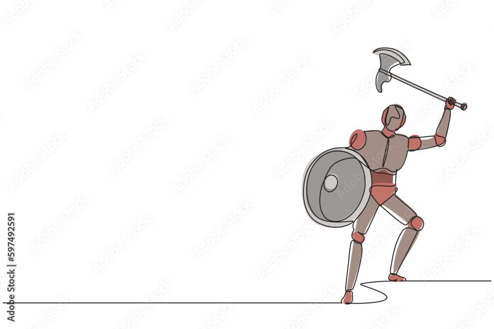 Poster single continuous line drawing robot with axe and shield furiously attacks. modern robotics artifici