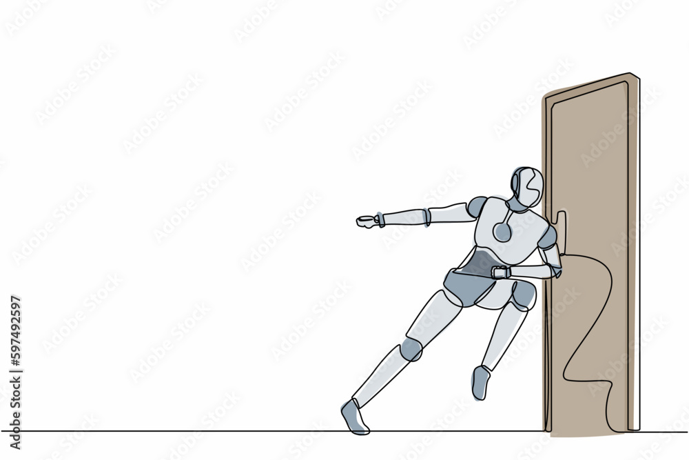 Poster single continuous line drawing robots running wants to break down the door. modern robotics artifici