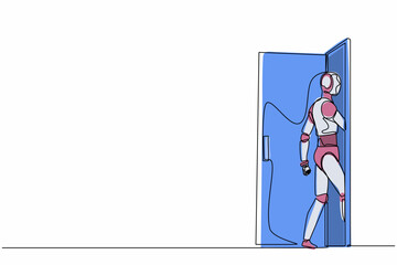 Single continuous line drawing robots walking enters the room through the door. Modern robotics artificial intelligence technology. Electronic technology industry. One line draw graphic design vector