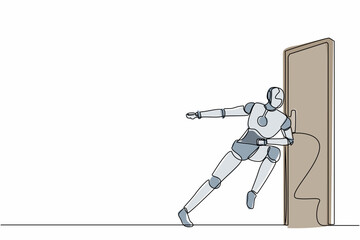 Single continuous line drawing robots running wants to break down the door. Modern robotics artificial intelligence technology. Electronic technology industry. One line draw design vector illustration