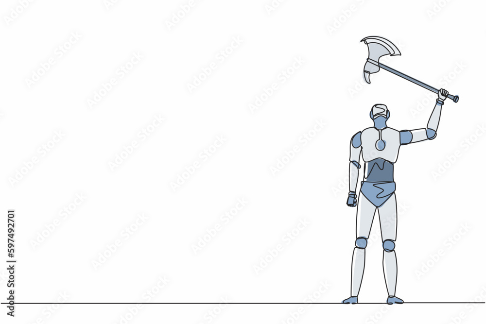 Poster single continuous line drawing robots standing and lifting up big axe. modern robotics artificial in