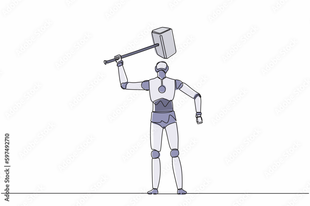 Poster single one line drawing robot standing and lifting up big hammer. future technology development. art