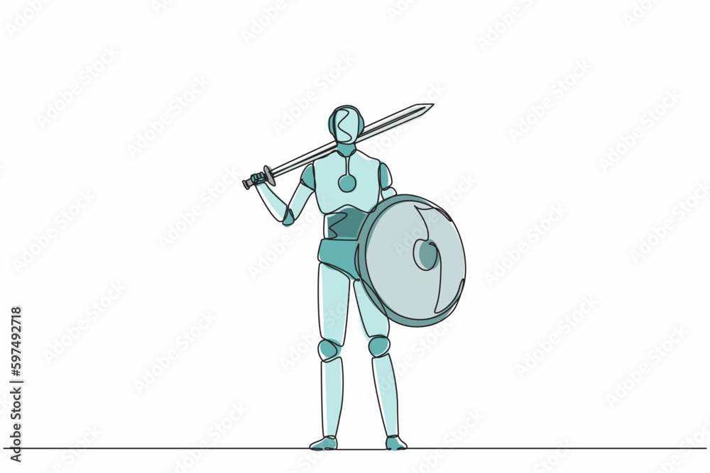 Poster single continuous line drawing robots standing holding sword and shield. modern robotics artificial 
