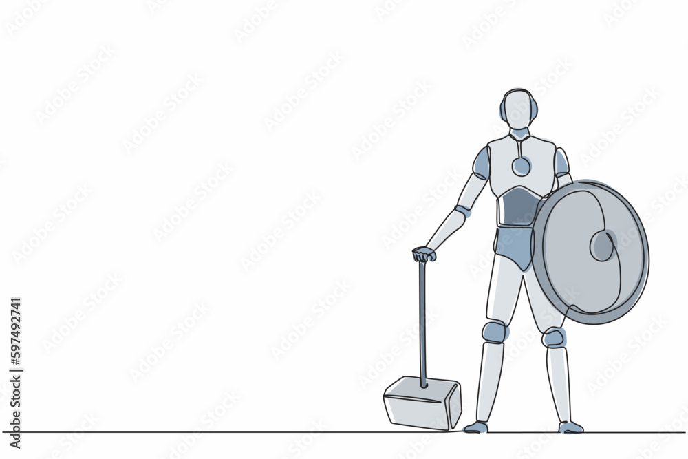 Poster continuous one line drawing robots stands holding big hammer and shield. humanoid robot cybernetic o