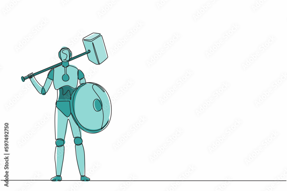Poster single continuous line drawing robot standing holding hammer and shield. modern robotics artificial 