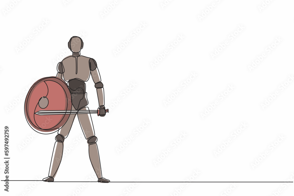Poster single one line drawing robot standing holding sword and shield. future technology development. arti