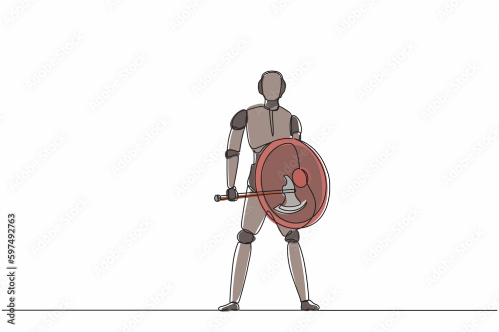 Poster single continuous line drawing robots standing holding axe and shield. modern robotics artificial in