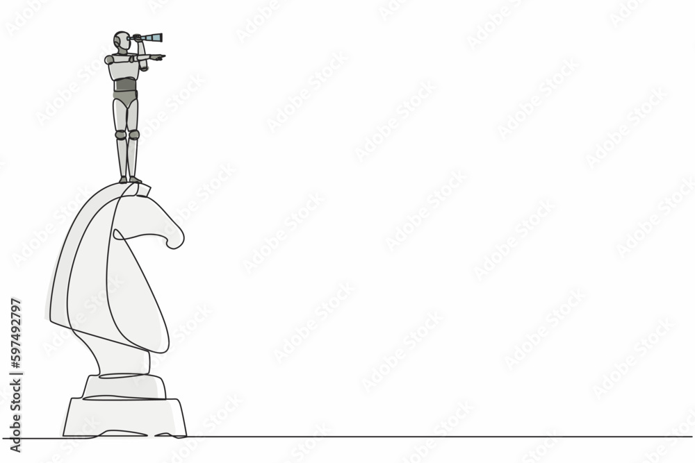 Poster single continuous line drawing robots on top of big horse chess piece using binocular. modern roboti