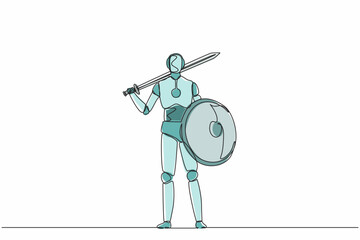 Single continuous line drawing robots standing holding sword and shield. Modern robotics artificial intelligence technology. Electronic technology industry. One line graphic design vector illustration