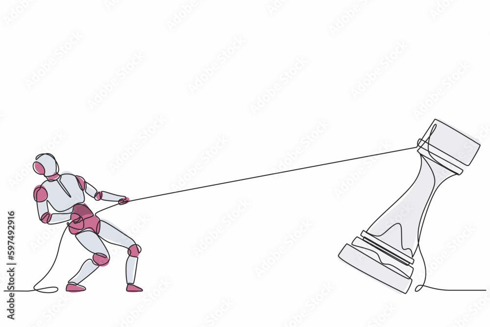 Poster single one line drawing robot pulling big rook chess with rope. future technology development. artif