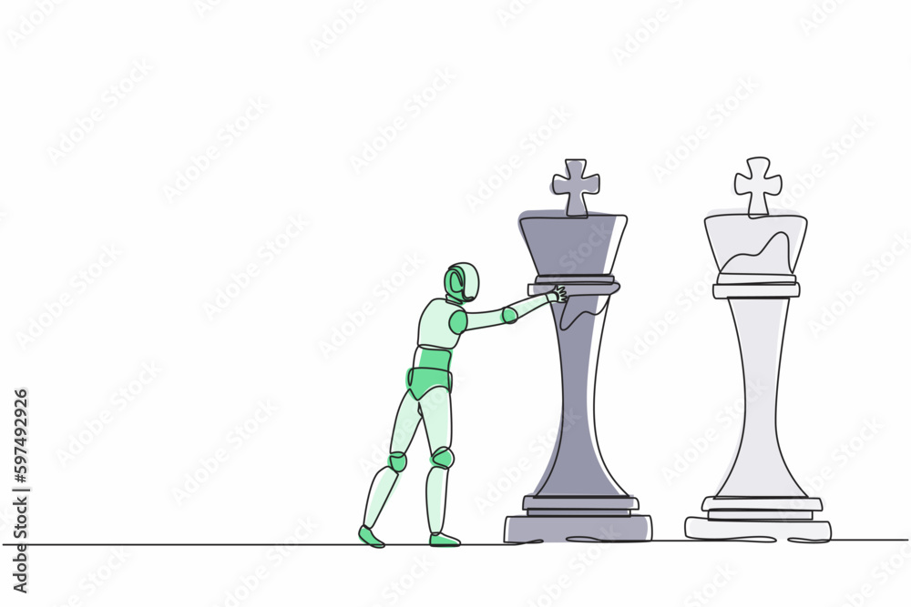 Poster single one line drawing robot push huge king chess piece to take down the other king. future technol