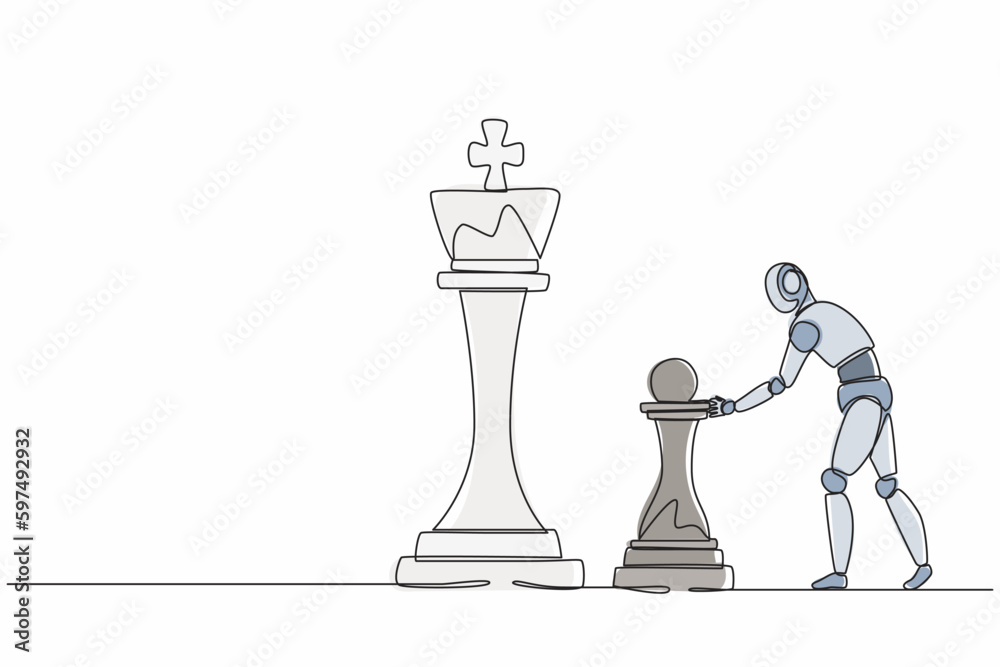 Poster single continuous line drawing robots push huge pawn chess piece to take down king. modern robotics 