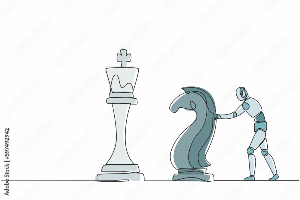 Poster continuous one line drawing robots push huge knight horse chess piece to take down king. humanoid ro