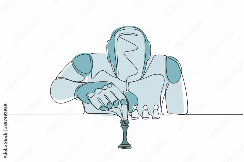 Poster single continuous line drawing robots sitting and moving chess figure. modern robotics artificial in