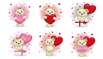 Cute Teddy bears love set.  Cartoon style illustration. Teddy bear, present, heart isolated on white background.