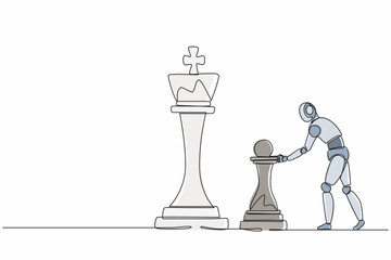 Single continuous line drawing robots push huge pawn chess piece to take down king. Modern robotics artificial intelligence. Electronic technology industry. One line graphic design vector illustration