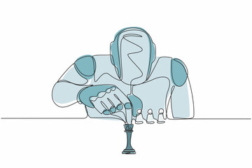 Single continuous line drawing robots sitting and moving chess figure. Modern robotics artificial intelligence technology. Electronic technology industry. One line graphic design vector illustration