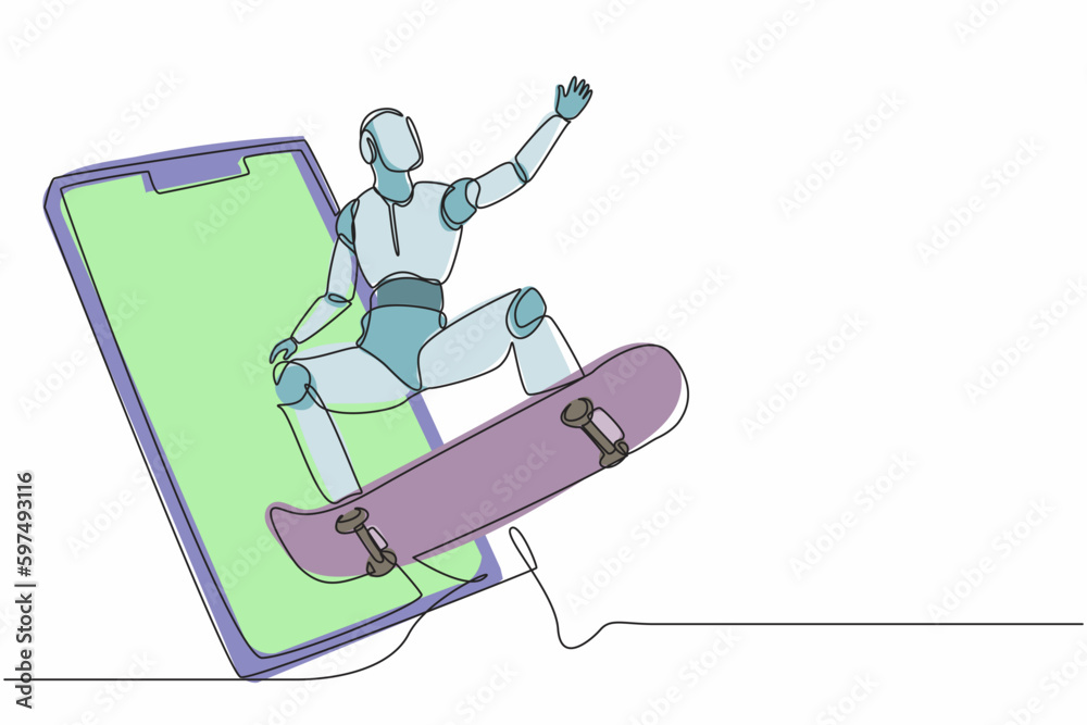 Poster continuous one line drawing robot come out from cellular phone and jump with skateboard. humanoid ro